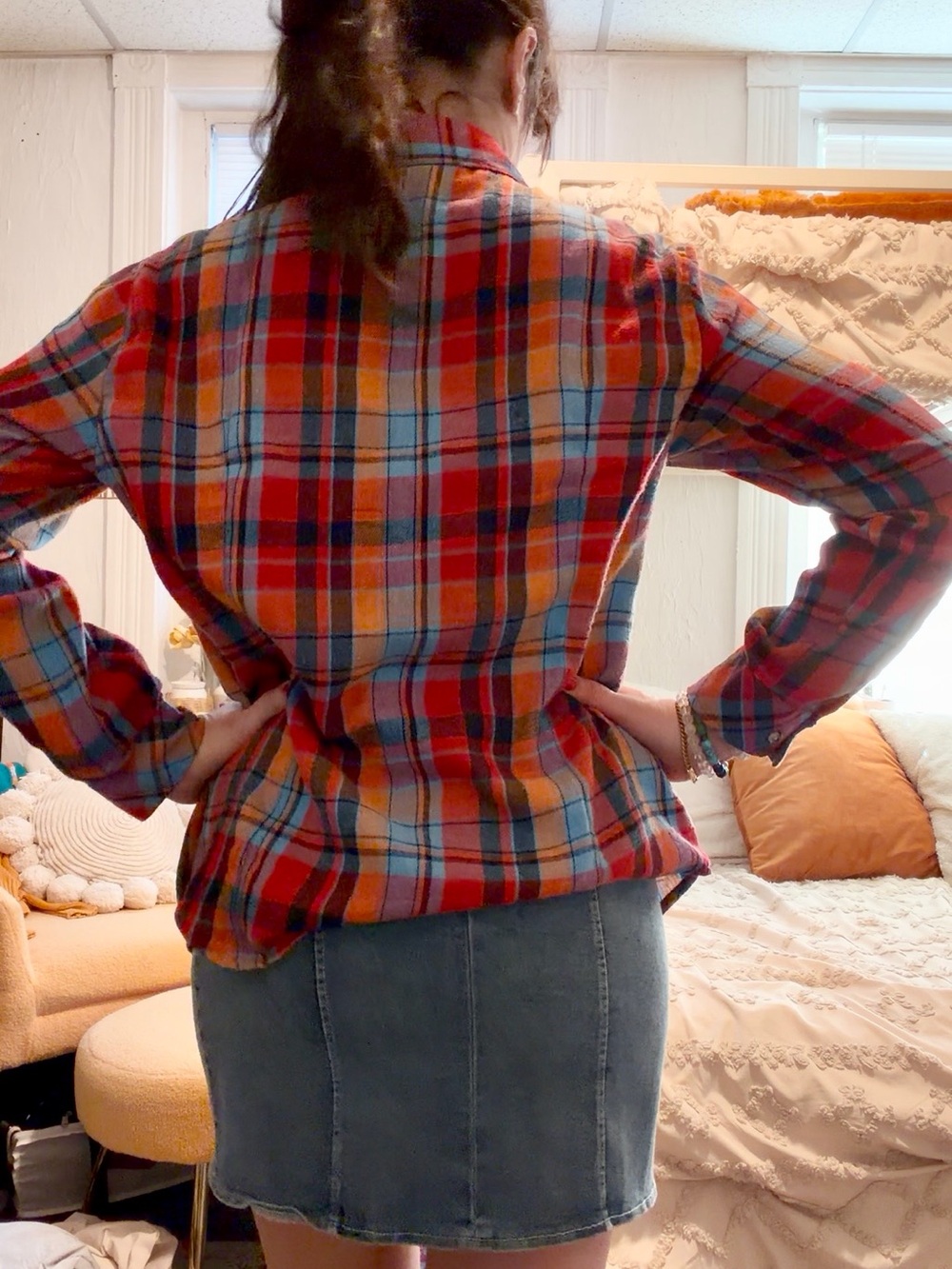 Casual Red, Orange & Blue Plaid Boyfriend Button-Up Flannel Shirt | Size S - Picture 5 of 7